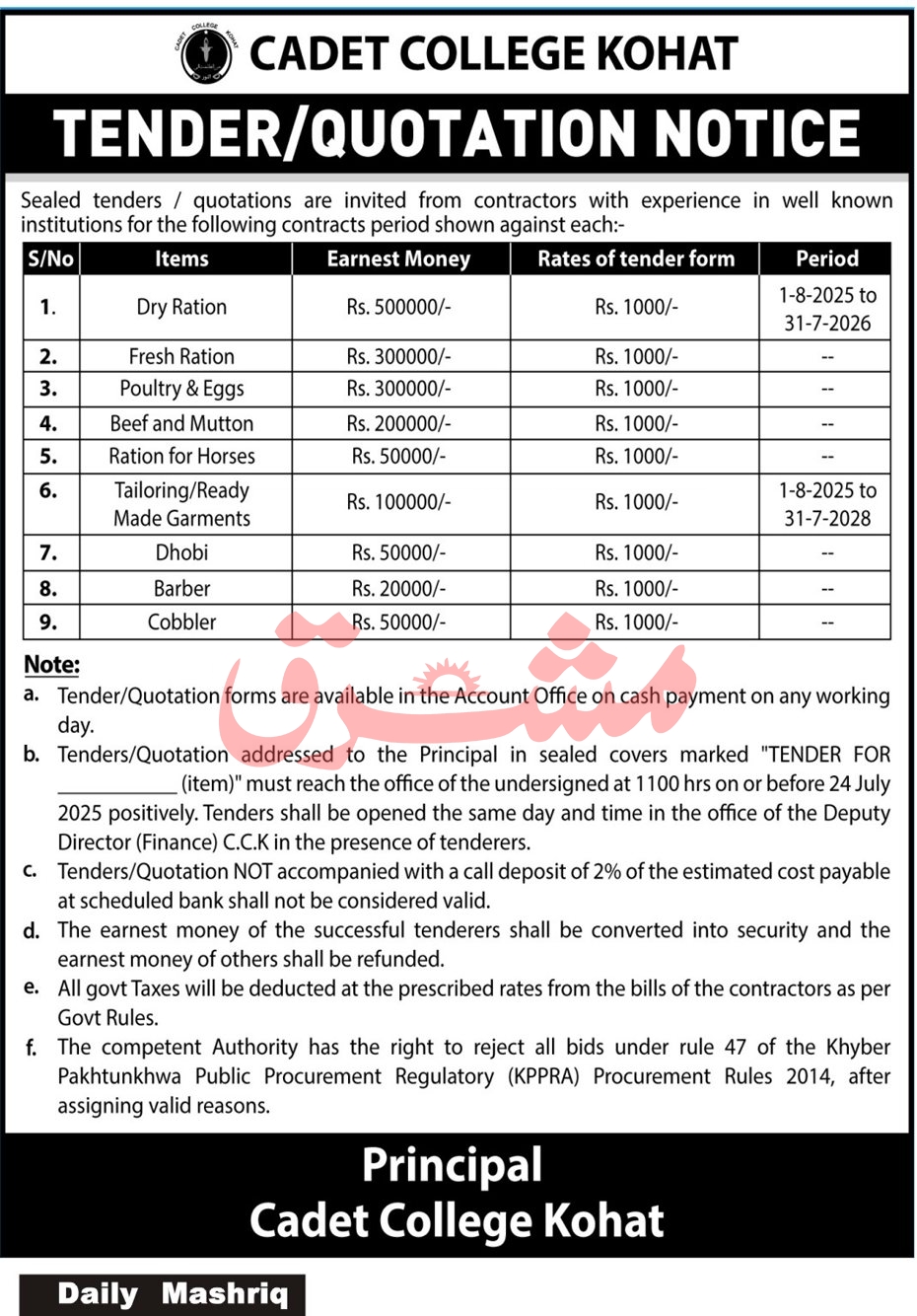 Cadet College Kohat Tender Notice